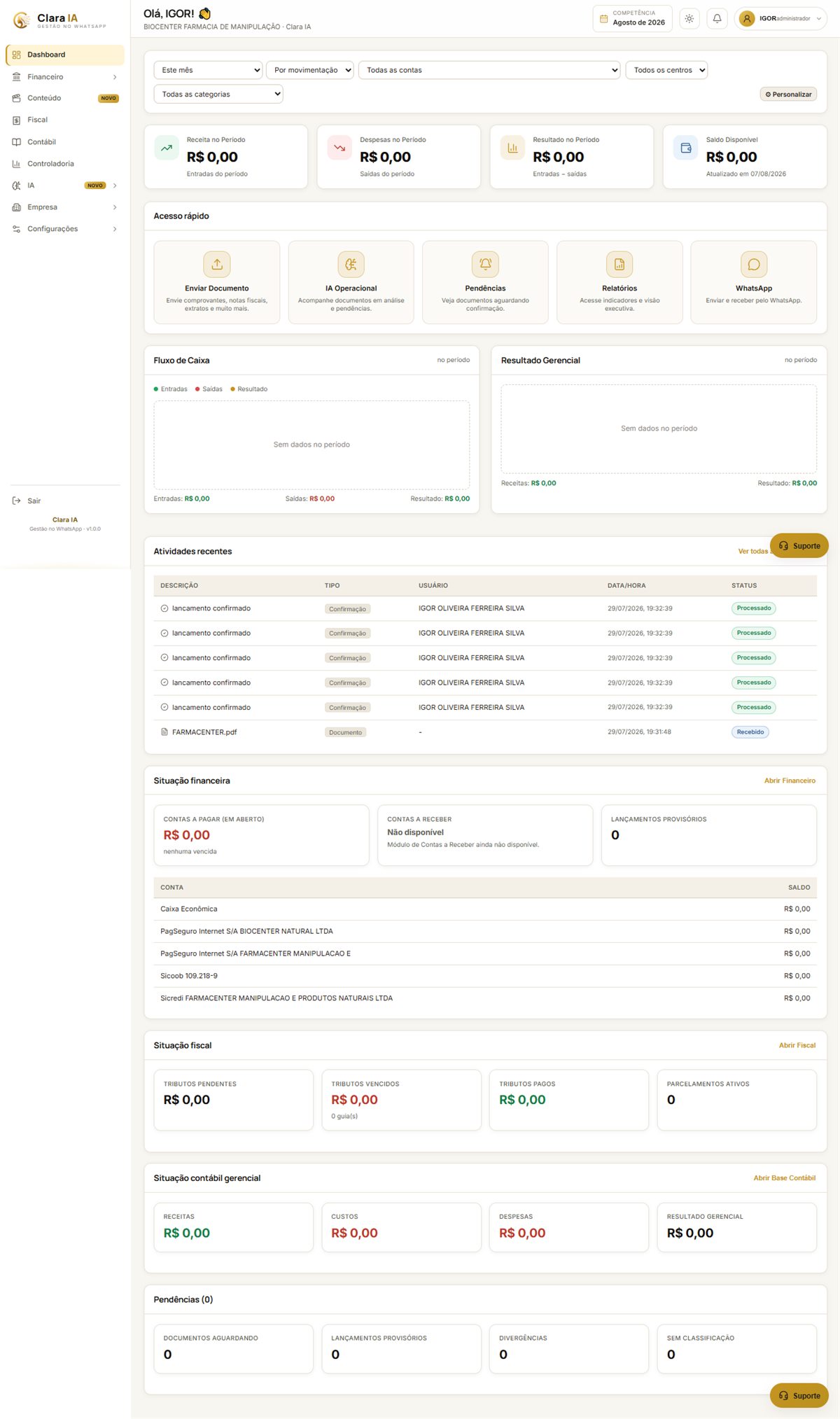 Dashboard da Clara IA